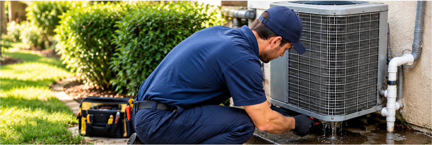 HVAC technician repairing an AC water leak in La Mesa, CA